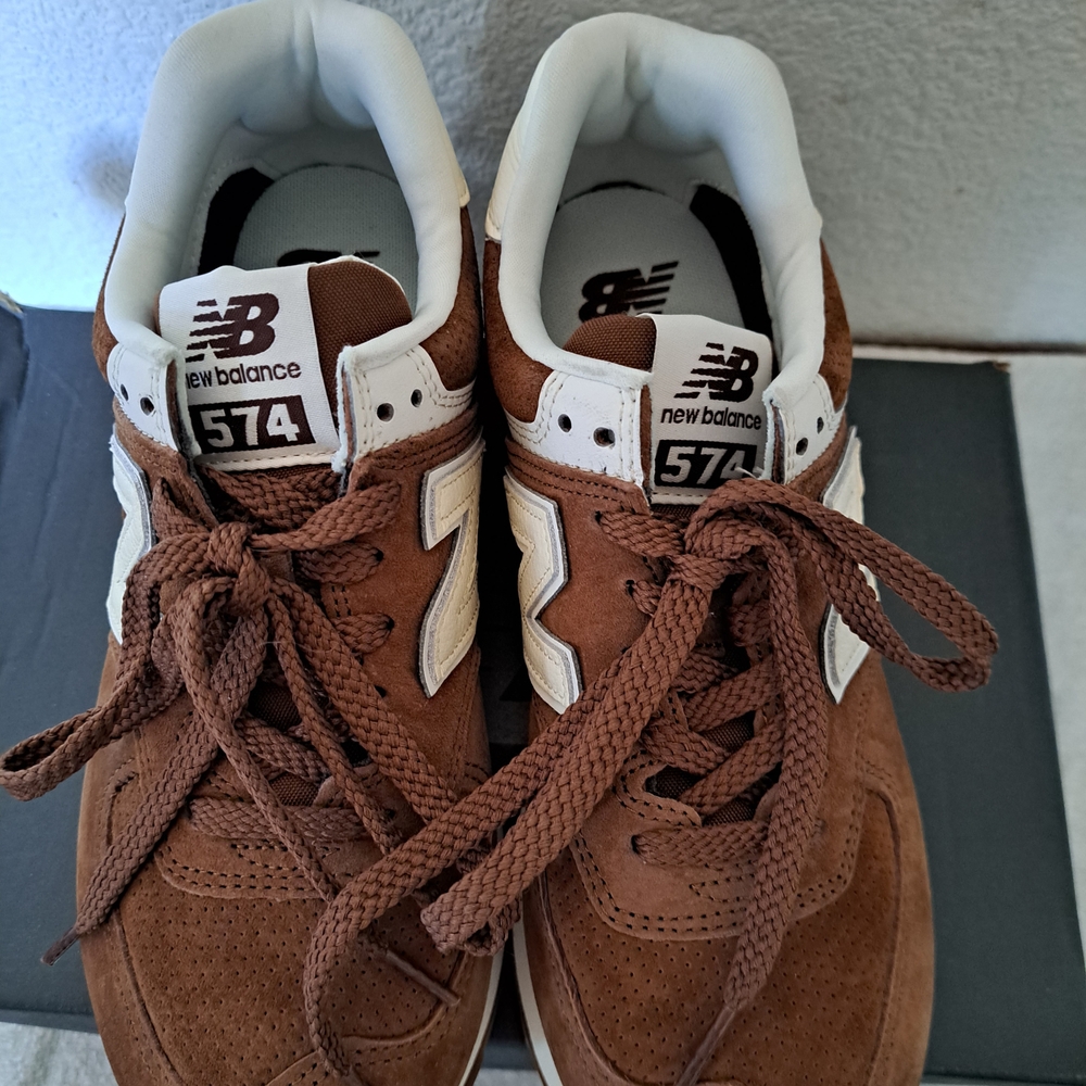 New Balance Womens 574 Suede Brown and White Shoes